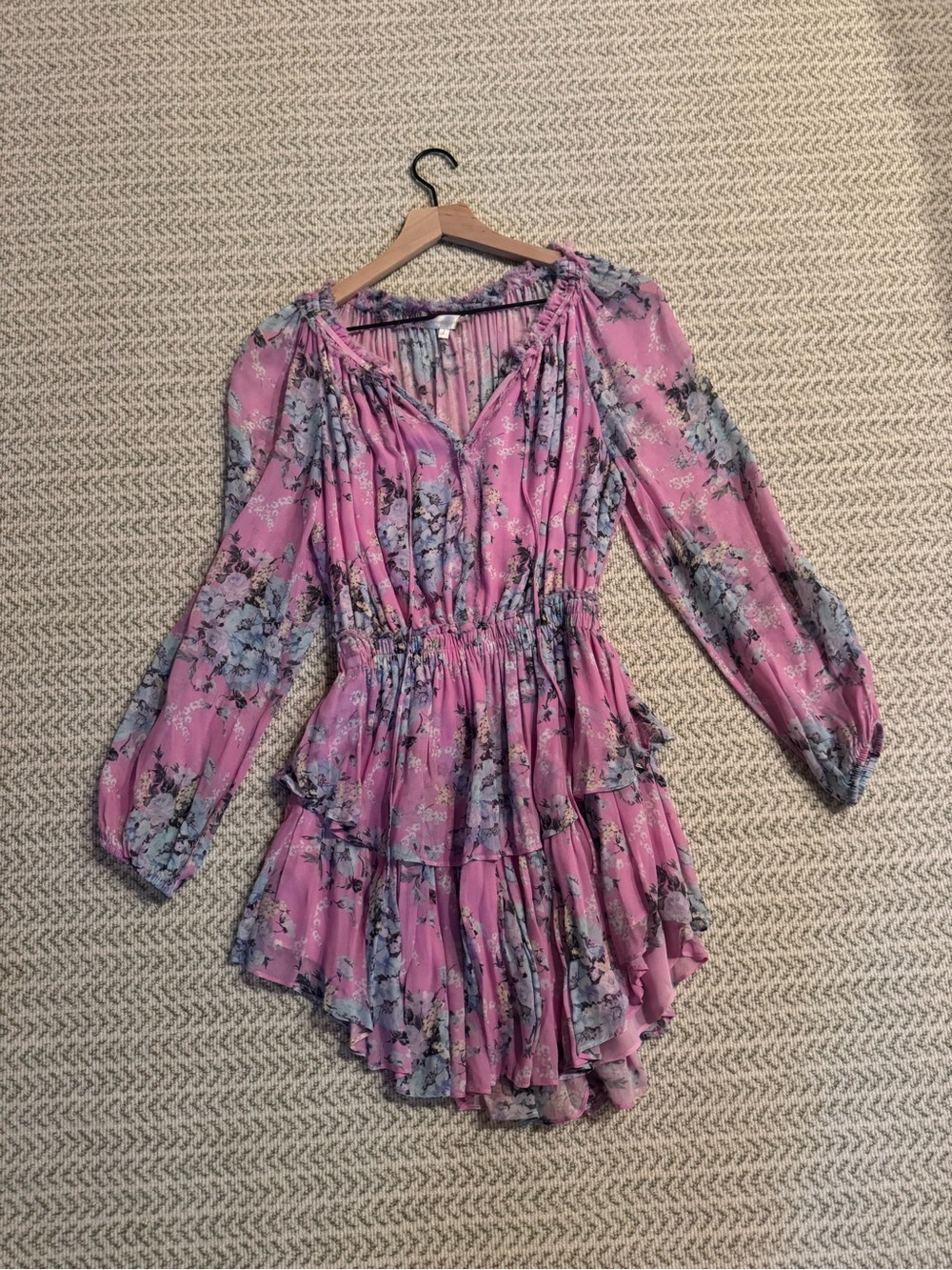 LoveShackFancy Pink Floral Tiered Mini Dress